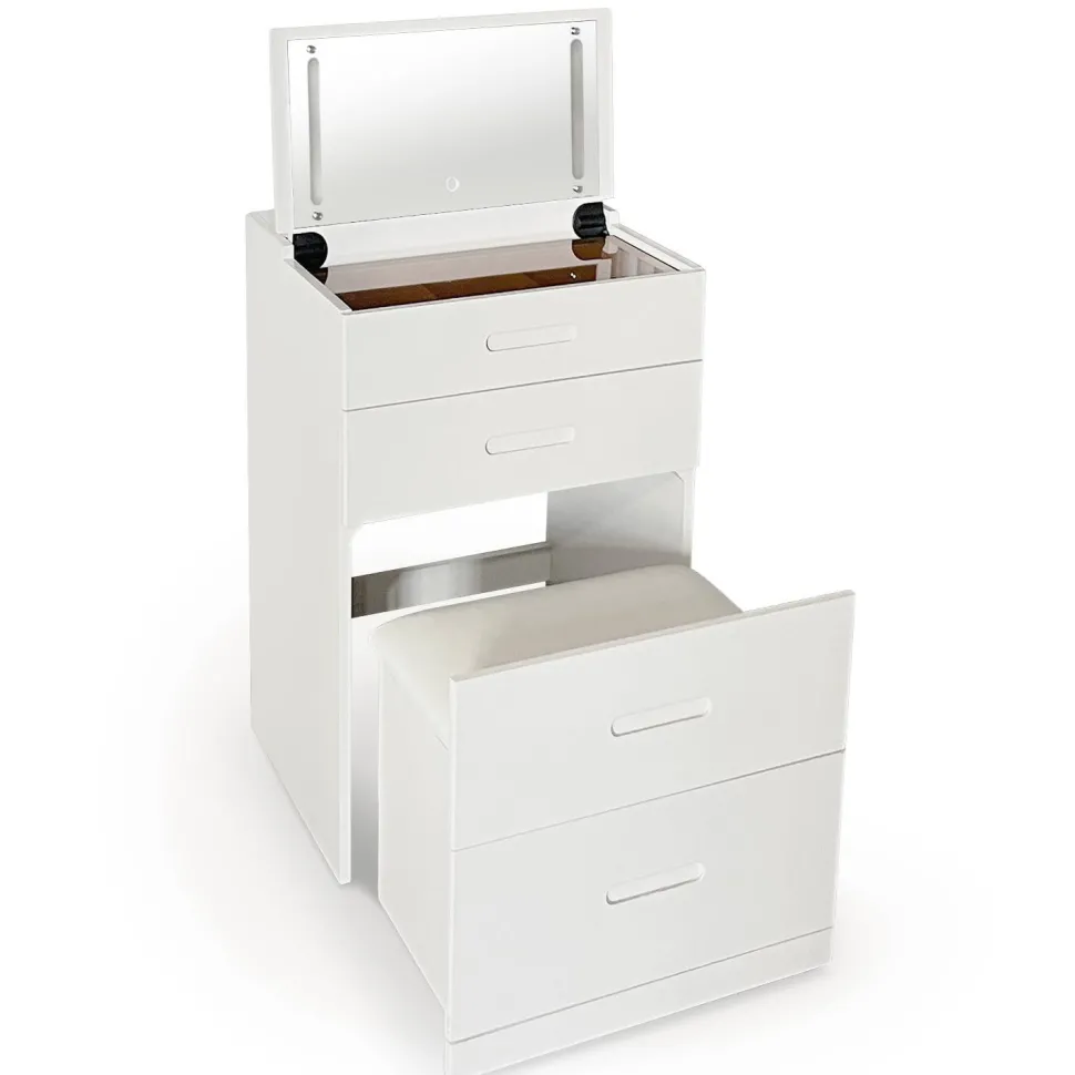 Coiffeuse compacte 48cm avec miroir LED, tiroir et pouf intégré Germina Blanc