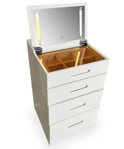 Coiffeuse compacte 48cm avec miroir LED, tiroir et pouf intégré Germina Blanc