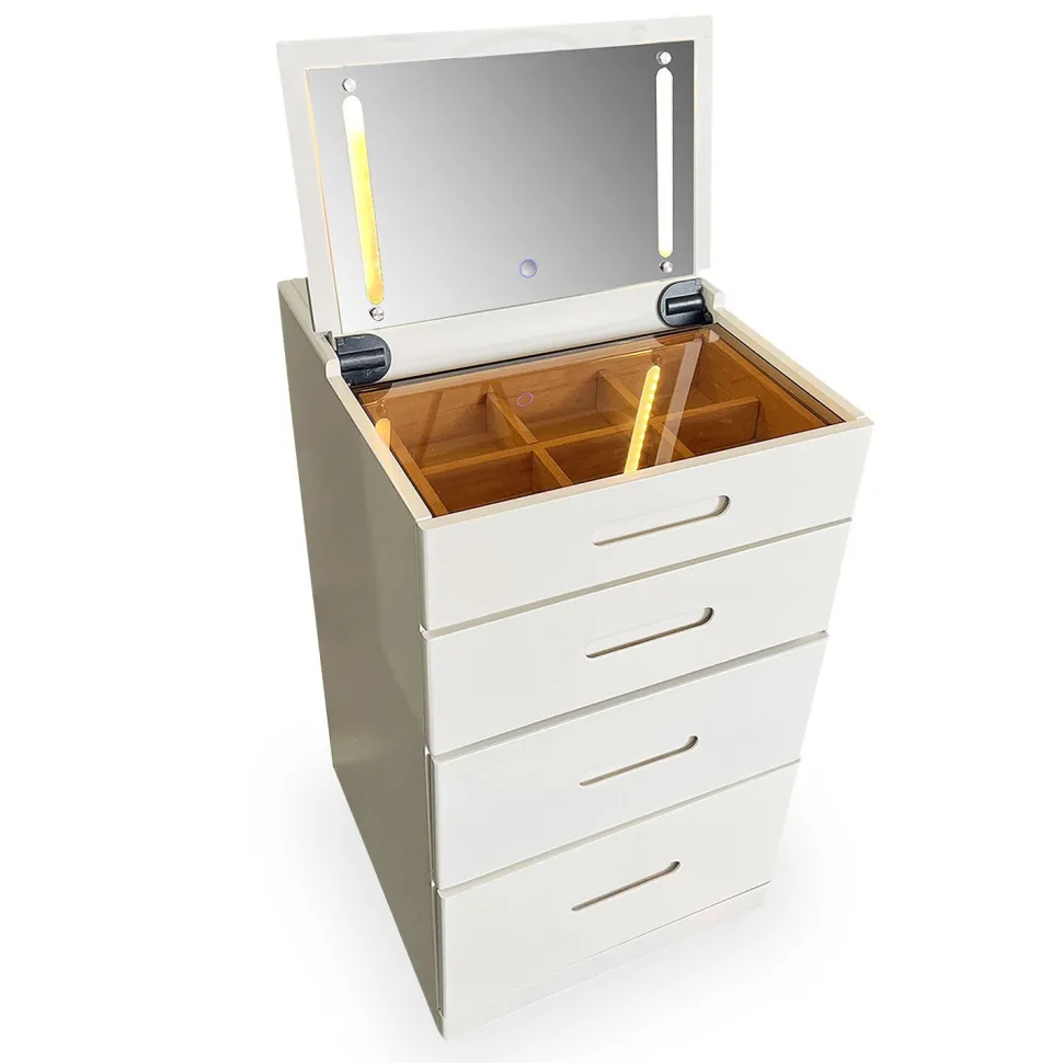 Coiffeuse compacte 48cm avec miroir LED, tiroir et pouf intégré Germina Blanc