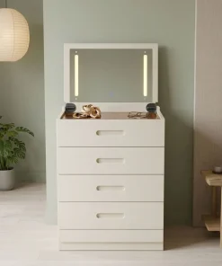 Coiffeuse compacte 60cm avec miroir LED, tiroir et pouf intégré Germina XL Blanc