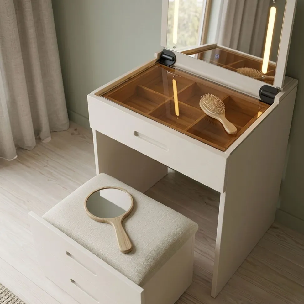 Coiffeuse compacte 60cm avec miroir LED, tiroir et pouf intégré Germina XL Blanc