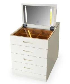 Coiffeuse compacte 60cm avec miroir LED, tiroir et pouf intégré Germina XL Blanc
