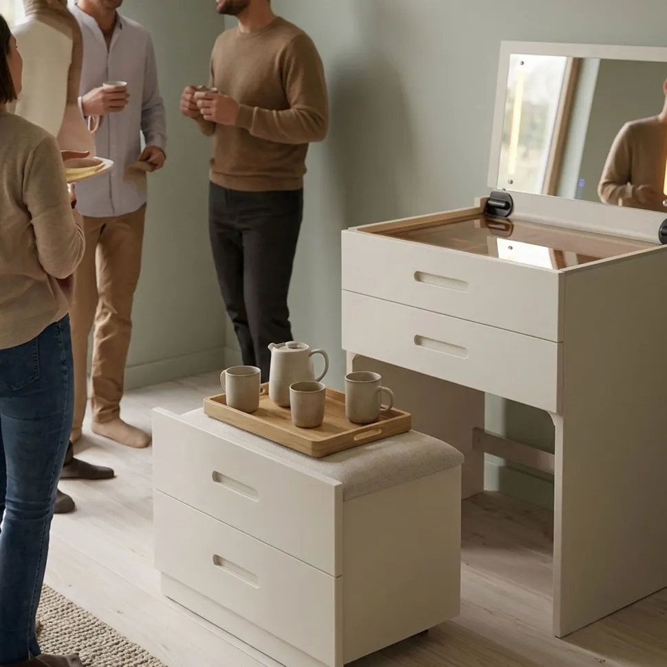 Coiffeuse compacte 60cm avec miroir LED, tiroir et pouf intégré Germina XL Blanc