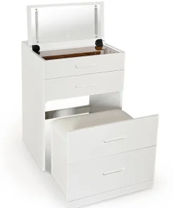 Coiffeuse compacte 60cm avec miroir LED, tiroir et pouf intégré Germina XL Blanc