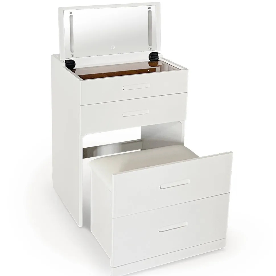 Coiffeuse compacte 60cm avec miroir LED, tiroir et pouf intégré Germina XL Blanc