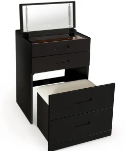 Coiffeuse compacte 60cm avec miroir LED, tiroir et pouf intégré Germina XL Noir
