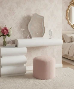 Coiffeuse extensible 101-140cm avec 5 tiroirs arrondis et miroir design Mezade Blanc