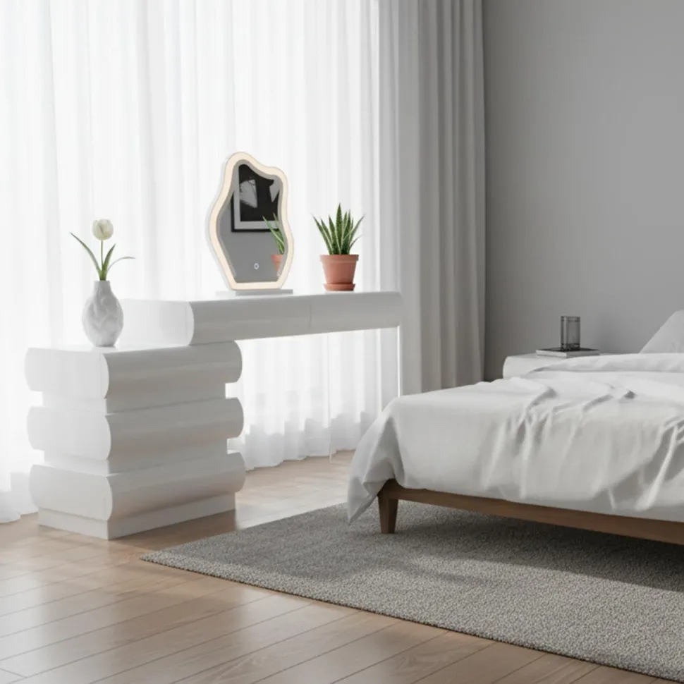 Coiffeuse extensible 101-140cm avec 5 tiroirs arrondis et miroir design Mezade Blanc