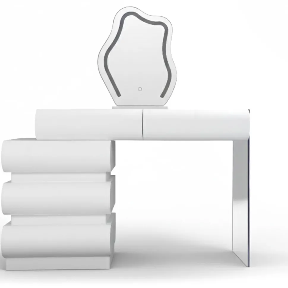 Coiffeuse extensible 101-140cm avec 5 tiroirs arrondis et miroir design Mezade Blanc