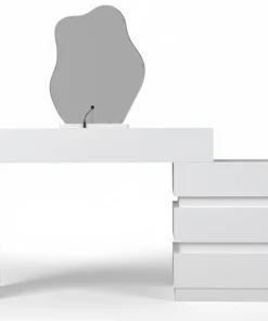 Coiffeuse extensible 101-140cm avec 5 tiroirs arrondis et miroir design Mezade Blanc