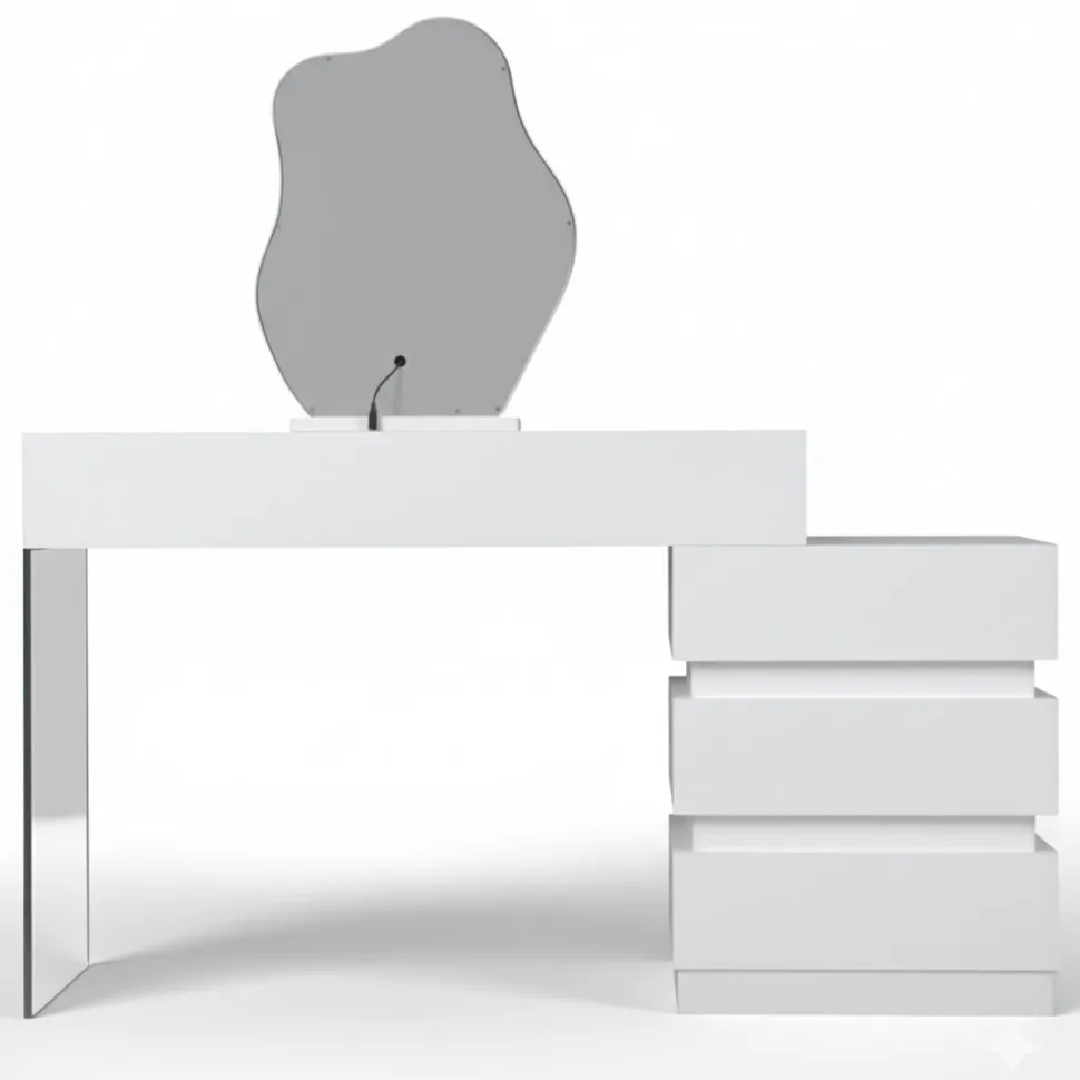 Coiffeuse extensible 101-140cm avec 5 tiroirs arrondis et miroir design Mezade Blanc