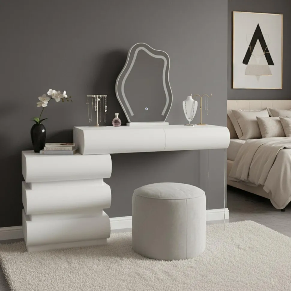 Coiffeuse extensible 101-140cm avec 5 tiroirs arrondis et miroir design Mezade Blanc
