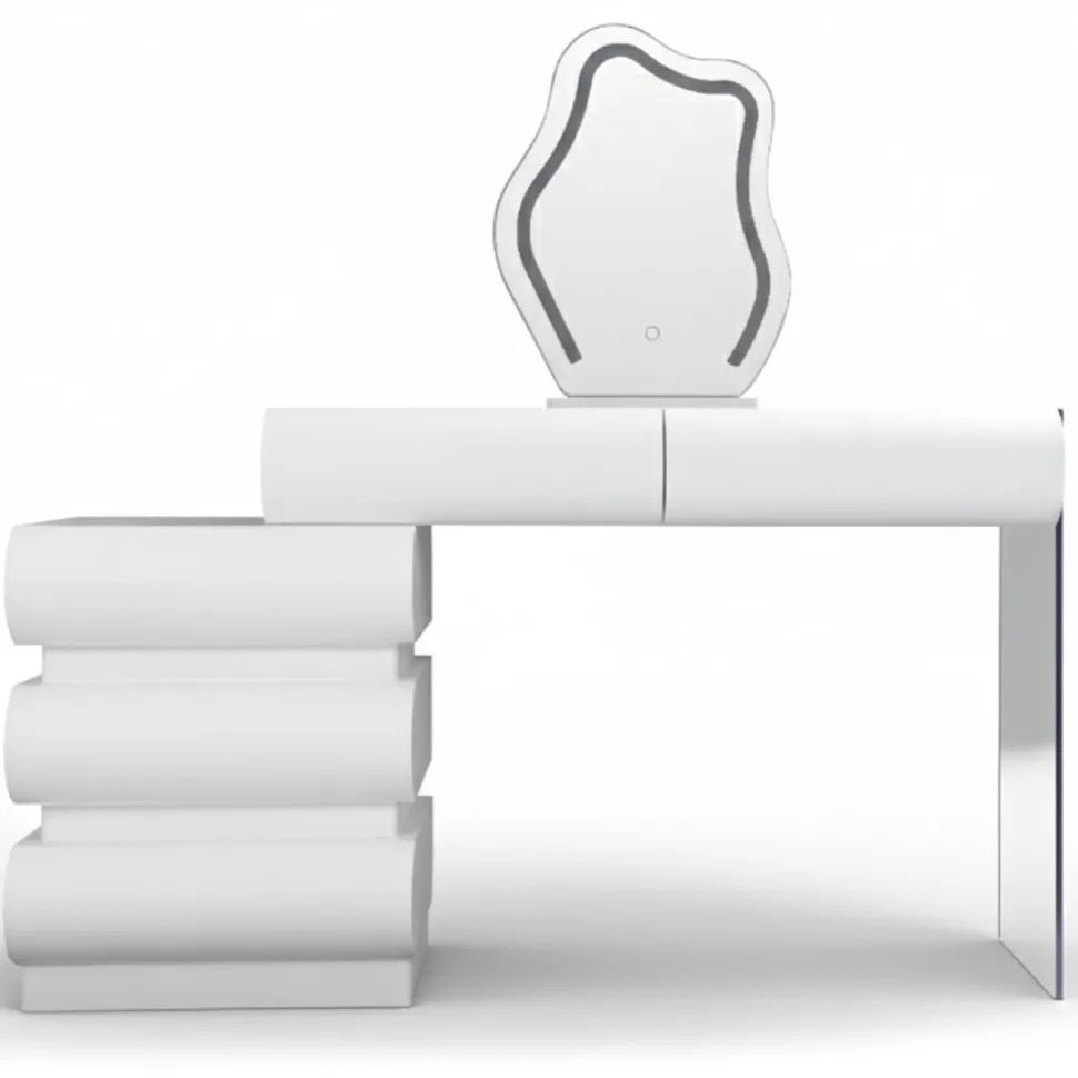 Coiffeuse extensible 101-140cm avec 5 tiroirs arrondis et miroir design Mezade Blanc