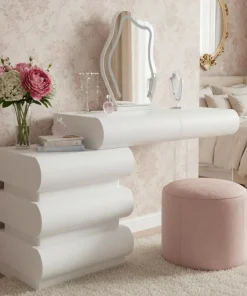 Coiffeuse extensible 101-140cm avec 5 tiroirs arrondis et miroir design Mezade Blanc