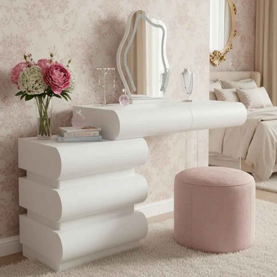 Coiffeuse extensible 101-140cm avec 5 tiroirs arrondis et miroir design Mezade Blanc