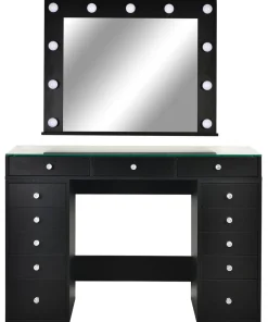 Coiffeuse moderne 13 tiroirs avec miroir lumineux et plateau en verre L120cm Probeauty Noir