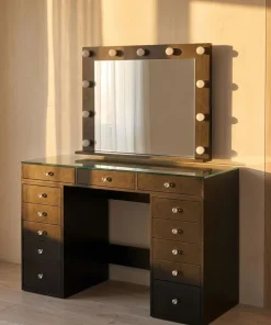 Coiffeuse moderne 13 tiroirs avec miroir lumineux et plateau en verre L120cm Probeauty Noir