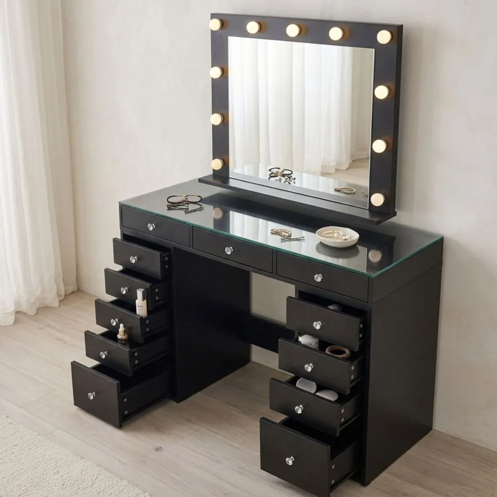 Coiffeuse moderne 13 tiroirs avec miroir lumineux et plateau en verre L120cm Probeauty Noir