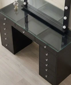 Coiffeuse moderne 13 tiroirs avec miroir lumineux et plateau en verre L120cm Probeauty Noir