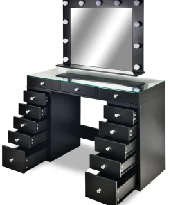 Coiffeuse moderne 13 tiroirs avec miroir lumineux et plateau en verre L120cm Probeauty Noir