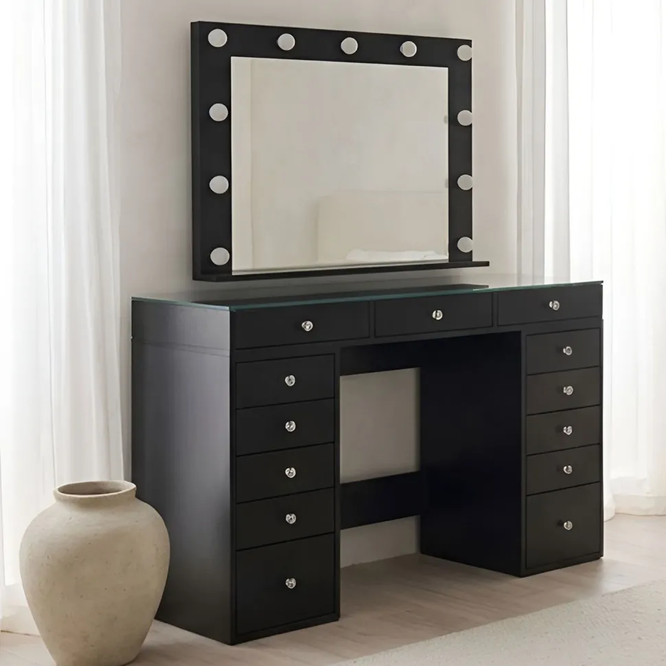 Coiffeuse moderne 13 tiroirs avec miroir lumineux et plateau en verre L120cm Probeauty Noir