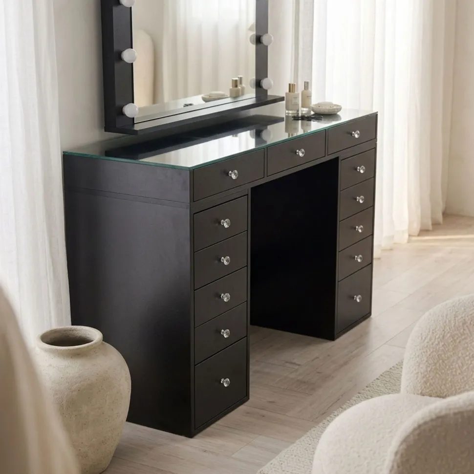 Coiffeuse moderne 13 tiroirs avec miroir lumineux et plateau en verre L120cm Probeauty Noir