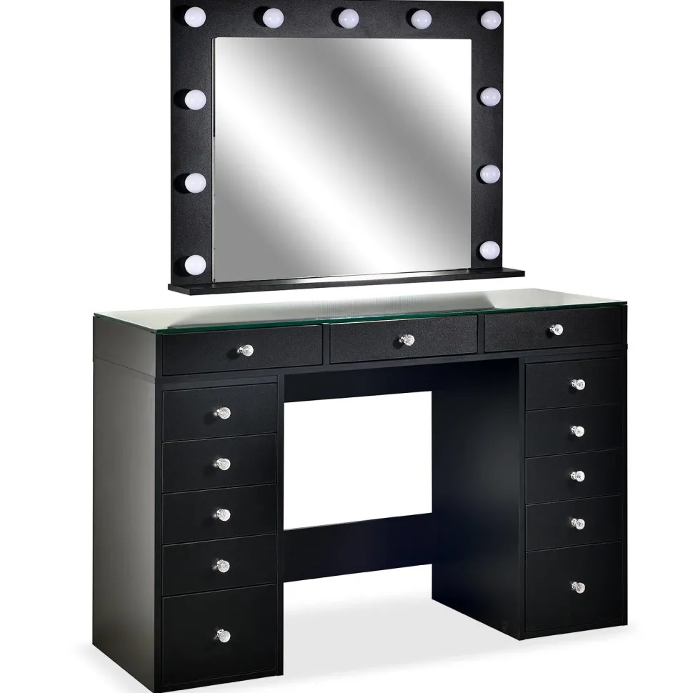 Coiffeuse moderne 13 tiroirs avec miroir lumineux et plateau en verre L120cm Probeauty Noir