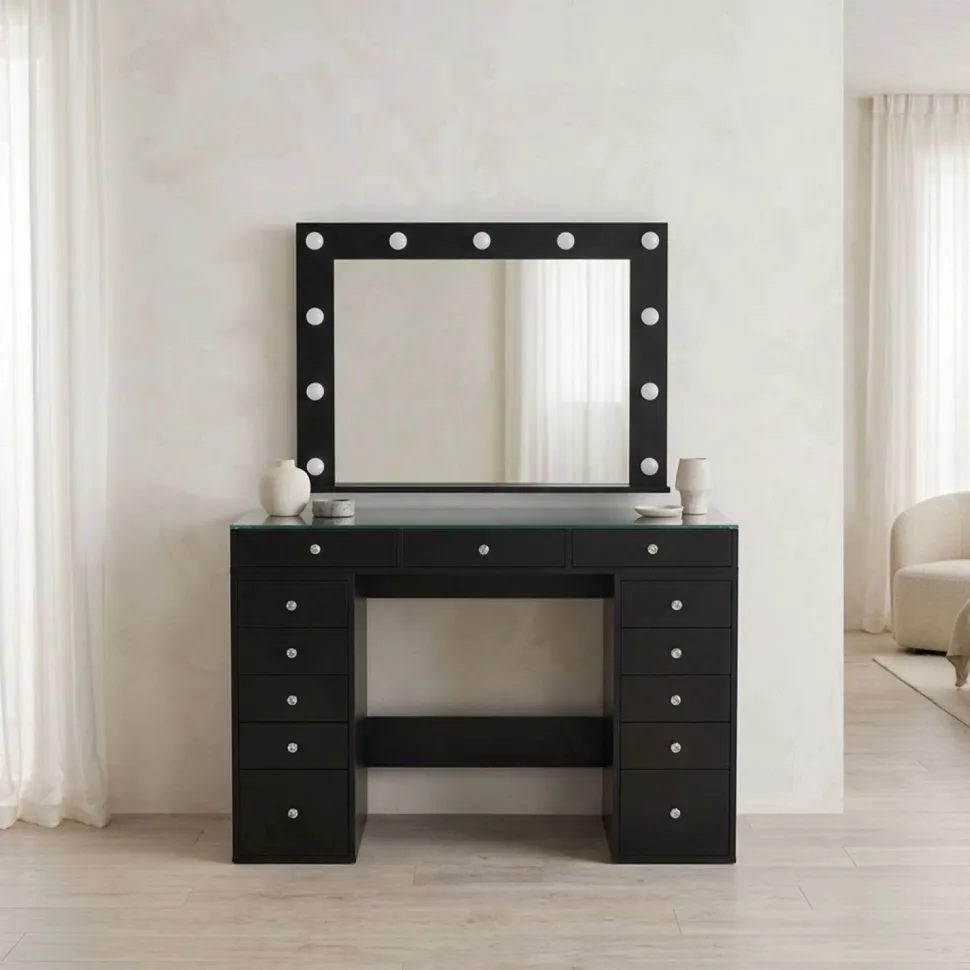 Coiffeuse moderne 13 tiroirs avec miroir lumineux et plateau en verre L120cm Probeauty Noir