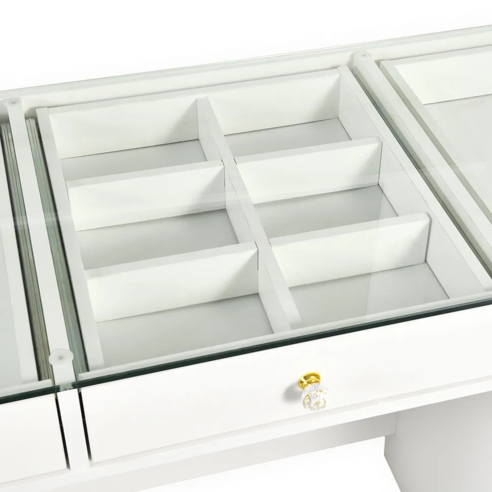 Coiffeuse moderne 13 tiroirs avec miroir lumineux et plateau en verre L120cm Probeauty Blanc