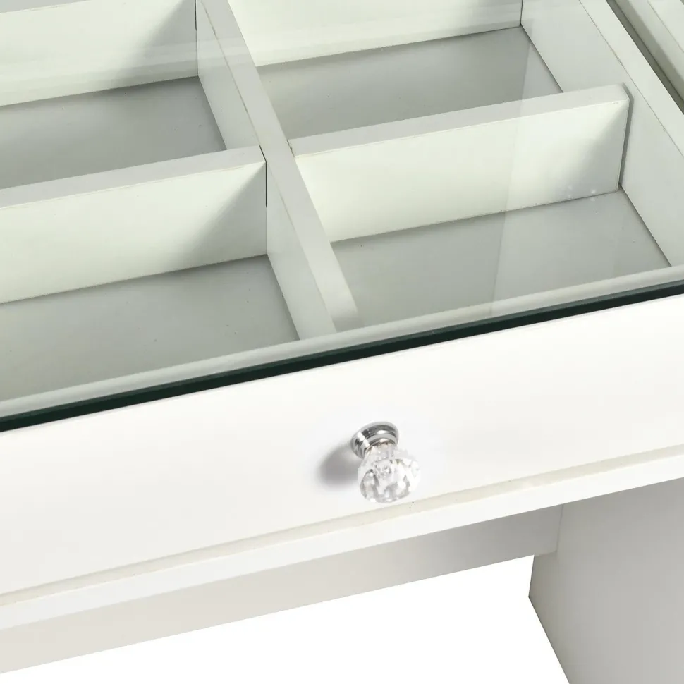 Coiffeuse moderne 13 tiroirs avec miroir lumineux et plateau en verre L120cm Probeauty Blanc
