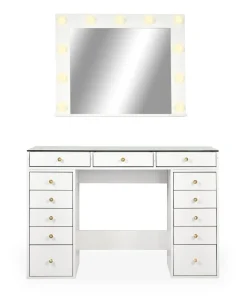 Coiffeuse moderne 13 tiroirs avec miroir lumineux et plateau en verre L120cm Probeauty Blanc