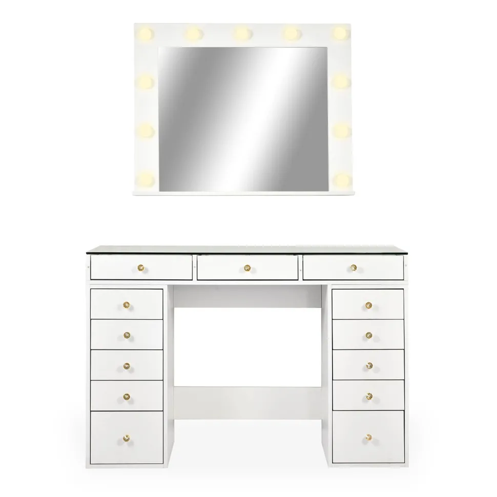 Coiffeuse moderne 13 tiroirs avec miroir lumineux et plateau en verre L120cm Probeauty Blanc