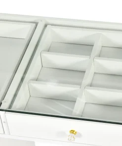 Coiffeuse moderne 13 tiroirs avec miroir lumineux et plateau en verre L120cm Probeauty Blanc