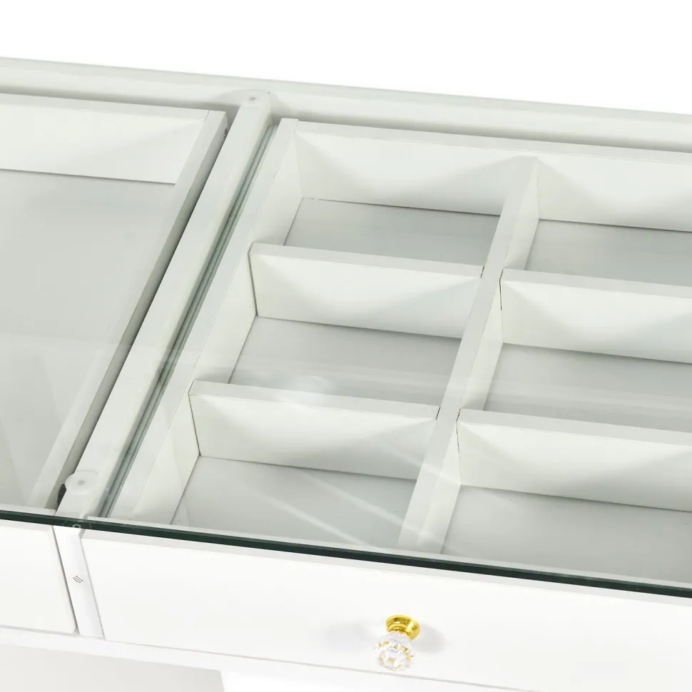 Coiffeuse moderne 13 tiroirs avec miroir lumineux et plateau en verre L120cm Probeauty Blanc