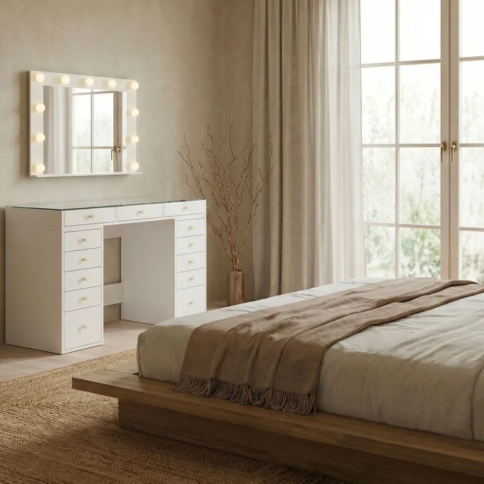 Coiffeuse moderne 13 tiroirs avec miroir lumineux et plateau en verre L120cm Probeauty Blanc