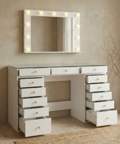 Coiffeuse moderne 13 tiroirs avec miroir lumineux et plateau en verre L120cm Probeauty Blanc