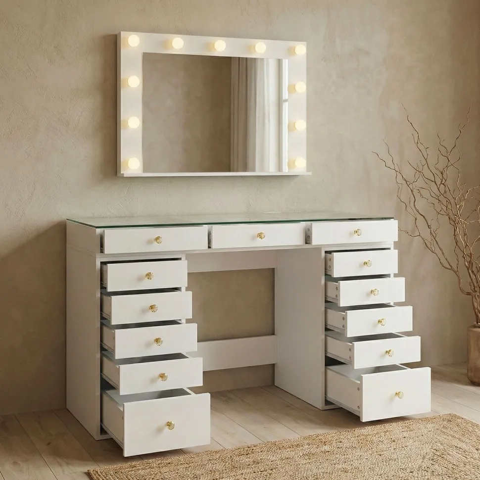Coiffeuse moderne 13 tiroirs avec miroir lumineux et plateau en verre L120cm Probeauty Blanc