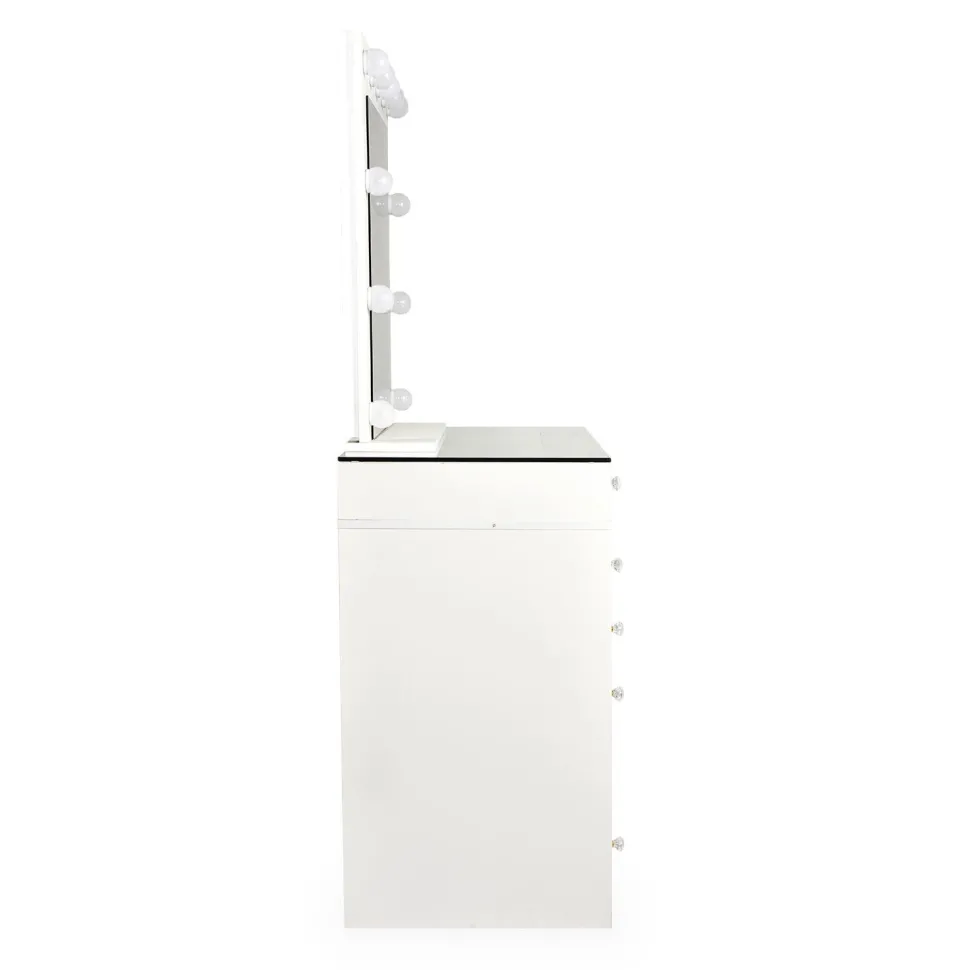 Coiffeuse moderne 13 tiroirs avec miroir lumineux et plateau en verre L120cm Probeauty Blanc