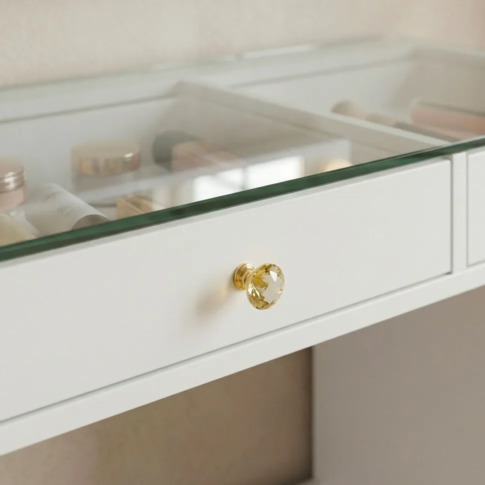 Coiffeuse moderne 13 tiroirs avec miroir lumineux et plateau en verre L120cm Probeauty Blanc