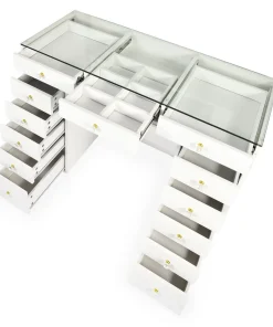 Coiffeuse moderne 13 tiroirs avec miroir lumineux et plateau en verre L120cm Probeauty Blanc