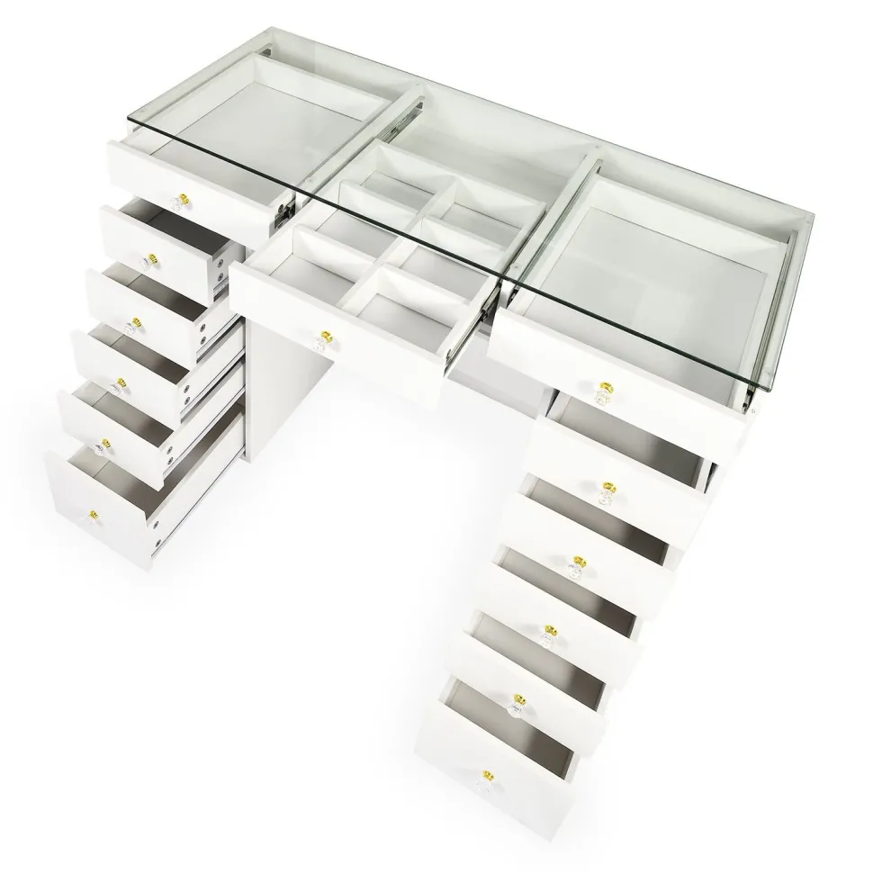 Coiffeuse moderne 13 tiroirs avec miroir lumineux et plateau en verre L120cm Probeauty Blanc