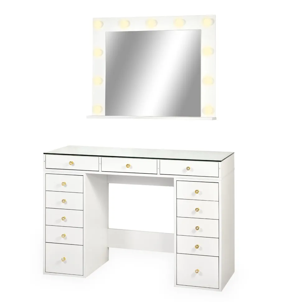 Coiffeuse moderne 13 tiroirs avec miroir lumineux et plateau en verre L120cm Probeauty Blanc