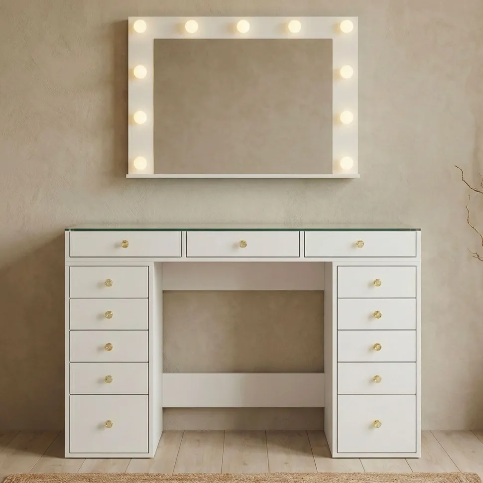 Coiffeuse moderne 13 tiroirs avec miroir lumineux et plateau en verre L120cm Probeauty Blanc