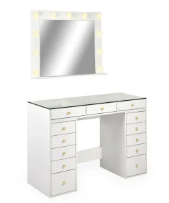 Coiffeuse moderne 13 tiroirs avec miroir lumineux et plateau en verre L120cm Probeauty Blanc