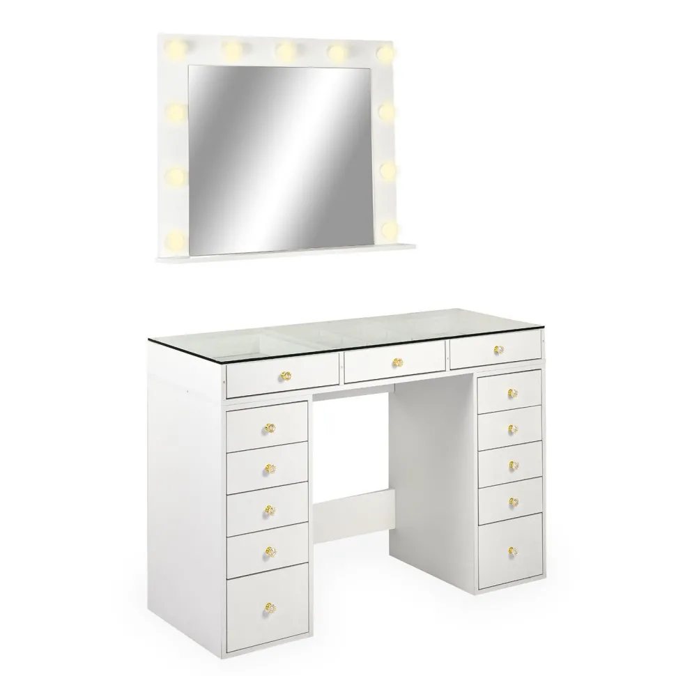 Coiffeuse moderne 13 tiroirs avec miroir lumineux et plateau en verre L120cm Probeauty Blanc