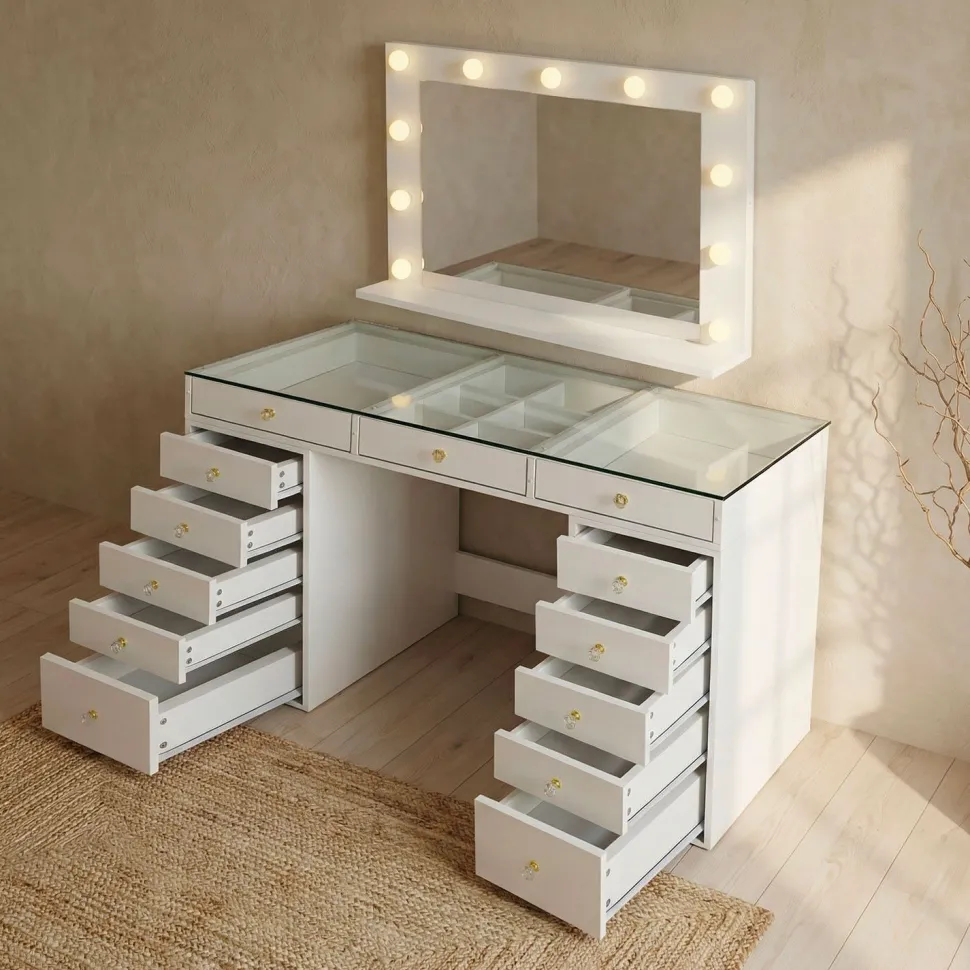 Coiffeuse moderne 13 tiroirs avec miroir lumineux et plateau en verre L120cm Probeauty Blanc