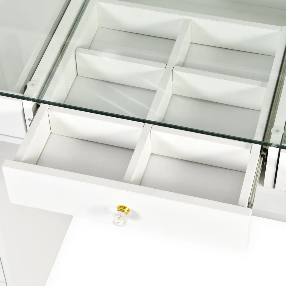 Coiffeuse moderne 13 tiroirs avec miroir lumineux et plateau en verre L120cm Probeauty Blanc