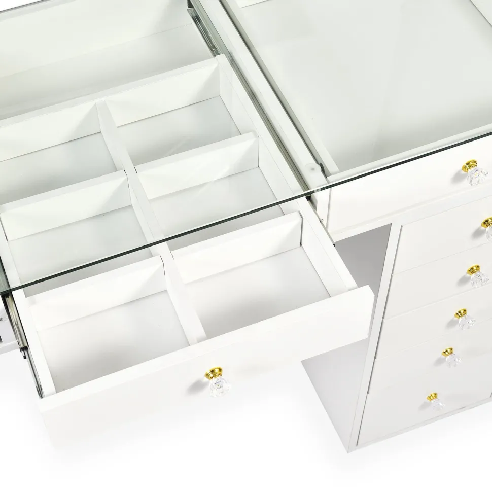 Coiffeuse moderne 13 tiroirs avec miroir lumineux et plateau en verre L120cm Probeauty Blanc