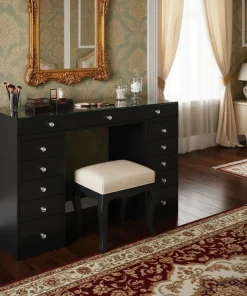Coiffeuse moderne avec 13 tiroirs et plateau en verre transparent L120cm Probeauty Noir