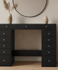 Coiffeuse moderne avec 13 tiroirs et plateau en verre transparent L120cm Probeauty Noir